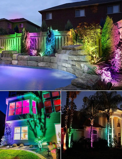 8 Pack 12W Rgb Low Voltage Landscape Lights With Remote Control Spotlight Waterproof Outdoor Garden Yard Decor For Halloween And Christmas Ambience Lighting For A Lit Up Yard illuminating houses and garden features.