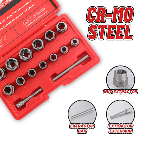 Open red case showing 15 Piece Bolt Extractor Set for Three Eighths Inch Drive Beast Mode Nut and Bolt Remover Kit with components