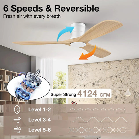 Slick Look 52 Inch Low Profile Ceiling Fan With Steady Breeze Motion And Soft Ambient Lights Quick Build Setup Smart App Sync And Hands Free Voice Control For Everyday Chill, showing reversible wooden blades and motor details.