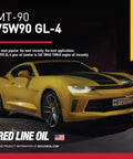 Yellow sports car promoting MT-90 75W-90 GL-4 manual transmission and transaxle lubricant quad pack 1 quart high performance gear oil.