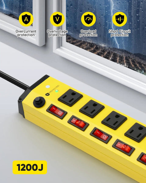 Heavy Duty Power Strip With Individual Switches Six Outlet Metal Workhorse Surge Protector 1200 Joules Flat Plug Design
