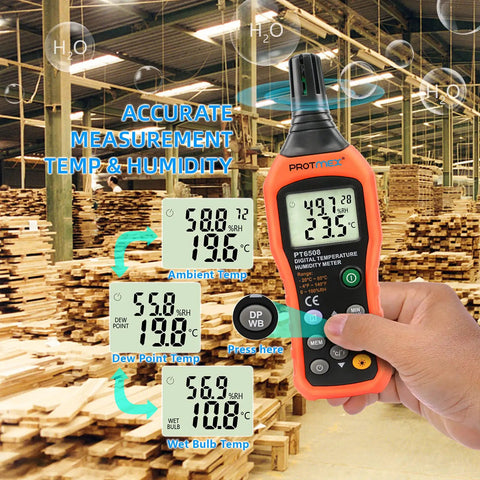 PT6508 Digital Temperature Humidity Meter With Ambient Dew Point And Wet Bulb for Indoor Outdoor Use in wooden workshop