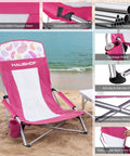 Low Seat Beach Chair With Mesh Back And Cup Holder Lightweight Foldable Camping Chair shown on sand with padded armrests and carry bag