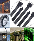 Heavy Hitting 30 Inch Black Zip Ties With 200 Lbs Grip Thick Cable Ties are shown securing garden pots, cables, and decorations.