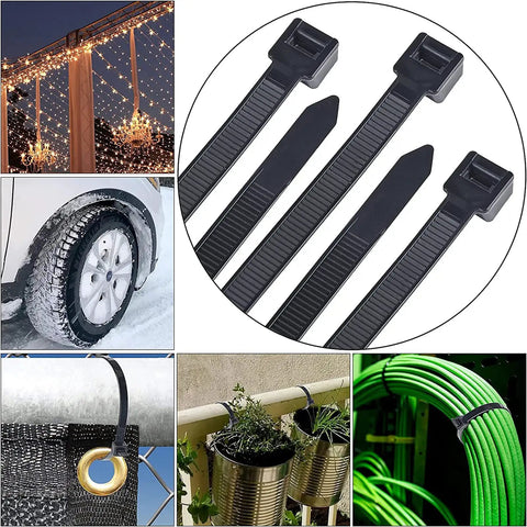 Heavy Hitting 30 Inch Black Zip Ties With 200 Lbs Grip Thick Cable Ties are shown securing garden pots, cables, and decorations.