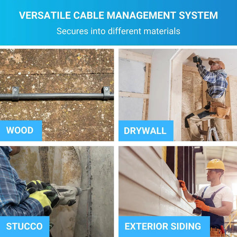 Versatile cable management system showcasing installation of coaxial cable clips on wood, drywall, stucco, and exterior siding.