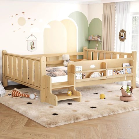 Toddler Floor Bed With Storage Bookcases And Easy Access Stairs Safe Guardrails All Around No Box Spring Needed Light Natural Finish