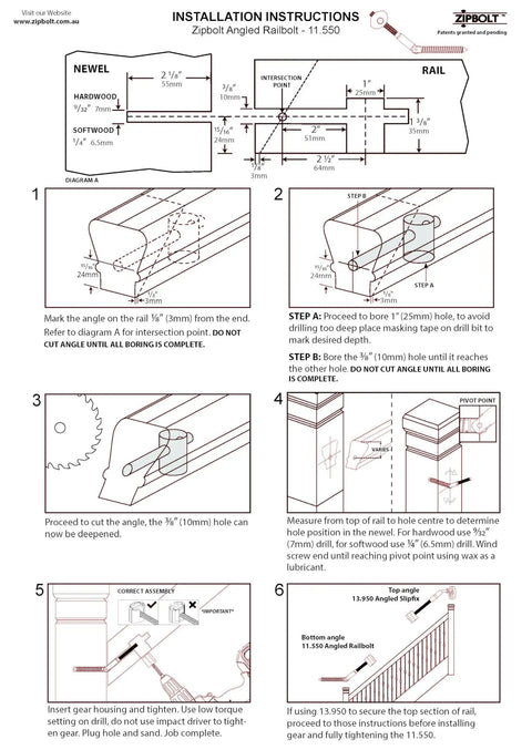 Installation instructions for Angled Railbolt Handrail To Newel Post Connector Kit step-by-step visual guide.