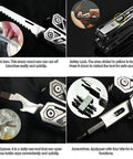 Detailed view of 12-in-1 Folding Multitool Pliers with Pipe Grip, Go-To Stainless Steel Build, showing saw, lock, and screwdriver.