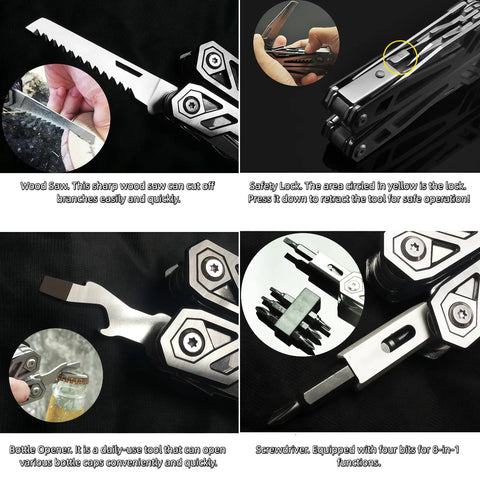 Detailed view of 12-in-1 Folding Multitool Pliers with Pipe Grip, Go-To Stainless Steel Build, showing saw, lock, and screwdriver.