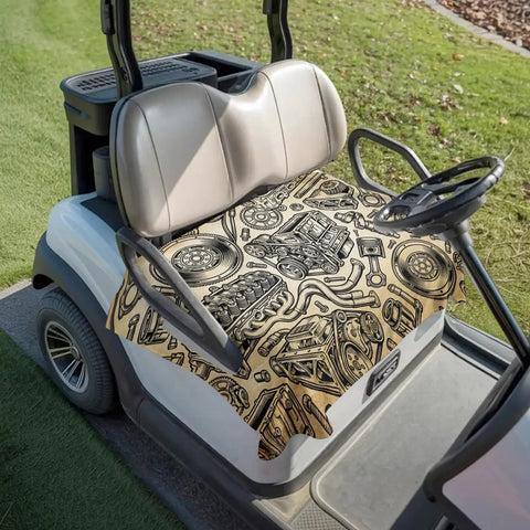 Two Seater Golf Cart Seat Covers Microfiber Towel Blanket With Vintage Car Engine Print, Absorbent Breathable Bench Seat Protector for Golf Course, 51x31 Inches