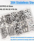 Grab-And-Go 304 Stainless Steel Nuts And Bolts Kit With 237 Pcs, showing organized screws, nuts, washers in labeled compartments.