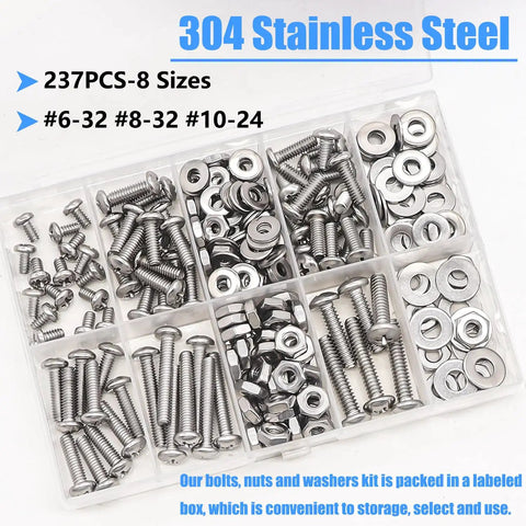 Grab-And-Go 304 Stainless Steel Nuts And Bolts Kit With 237 Pcs, showing organized screws, nuts, washers in labeled compartments.
