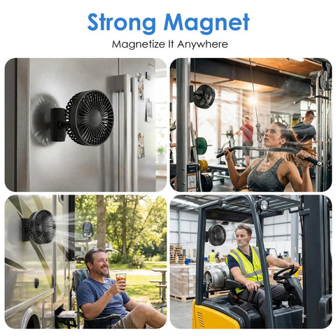 Magnetic Base Golf Cart Portable Fan, Rechargeable Battery Powered, 3 Speeds on fridge showing strong magnetic hold.
