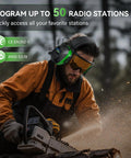 Person using chainsaw while wearing green AM FM Radio Ear Protection Headphones With Backlit Color Display And 120 Hour Battery Life Rechargeable Hearing Protector Earmuffs With 30dB Noise Reduction For Mowing Construction Work.
