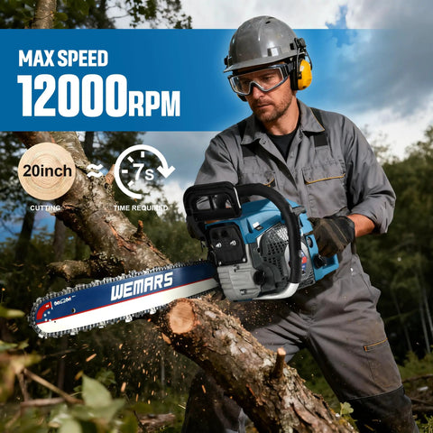 Worker using Gas Powered Chainsaw 62cc 20 Inch Chainsaw For Cutting Wood Trees And Branches, Heavy Duty Handheld Timber Beast