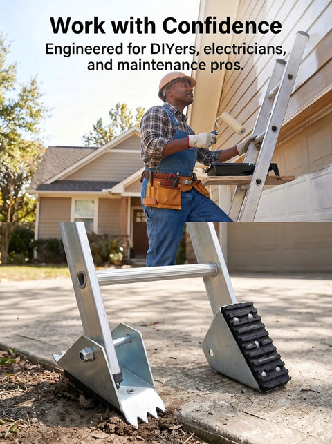 Anti Skid Ladder Feet Replacement Shoes Kit For Extension Ladders Aluminum Foot Pads 2 Pack Safe Ground Grip installed on ladder