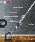 Powerful 710W Drywall Sander With LED Light And Variable Speed 800 To 1800 RPM, showing extension handle and dust hose.