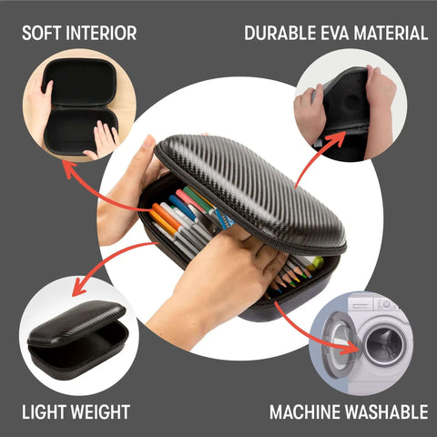 Dope Black Carbon Pencil Case With Hella Spacious Tech Stash And Badass Anti Scratch Shell designed for school gear, showing soft interior and durable exterior.