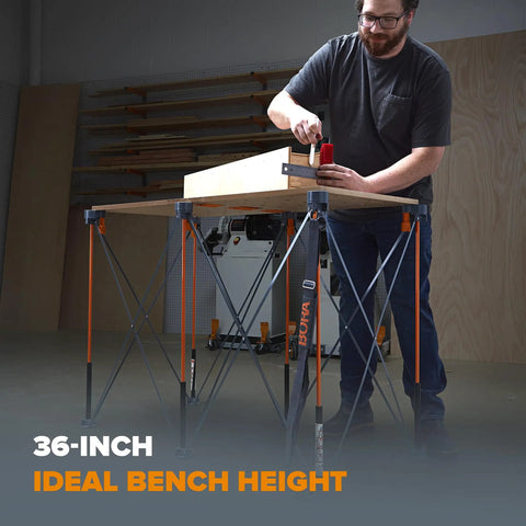 Person using Centipede Folding Work Bench For Garage, Beefy Heavy Duty Collapsible Portable Work Bench, 2x4 Ft Construction Table, 36 Inch Height.