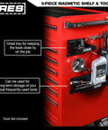Red tool chest with 9 Piece Shelf and Tool Set With Magnetic Shelves Magnetic Tray Pick Up Tool Telescoping Mirror And Hook Set
