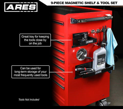 Red tool chest with 9 Piece Shelf and Tool Set With Magnetic Shelves Magnetic Tray Pick Up Tool Telescoping Mirror And Hook Set