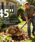 Man using Built Tough Pitch Fork With 10 Tines And Non Slip Handle For Mulching And Garden Cleanup 45 Inch Curved Head Garden Fork