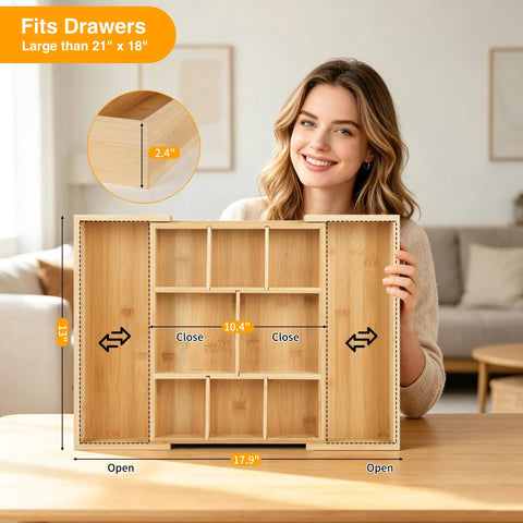 Person holding Expandable Bamboo Drawer Organizer Set With 10 Adjustable Compartments And 2 Sliding Extensions, fits 10.4 to 17.9 inch drawers.