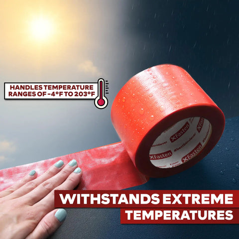 Heavy Duty Construction Seam Tape 3 Inch By 55 Yard Pack for epoxy resin molding with weatherproof sealant for roofs displayed on wet surface.