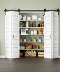 Ninety Six Inch By Eighty Four Inch Five Panel Folding Barn Door Kit With One Zero Four Inch Heavy Duty Rail Assembly shown on a closet with shelves.