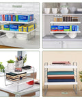 Expandable Kitchen Wrap Box Organizer Rack With Custom Adjustable Width And Height For Foil Paper Towel Storage In Pantry Cabinet Or Counter with storage bags and dishes on counter.