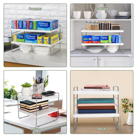 Expandable Kitchen Wrap Box Organizer Rack With Custom Adjustable Width And Height For Foil Paper Towel Storage In Pantry Cabinet Or Counter with storage bags and dishes on counter.