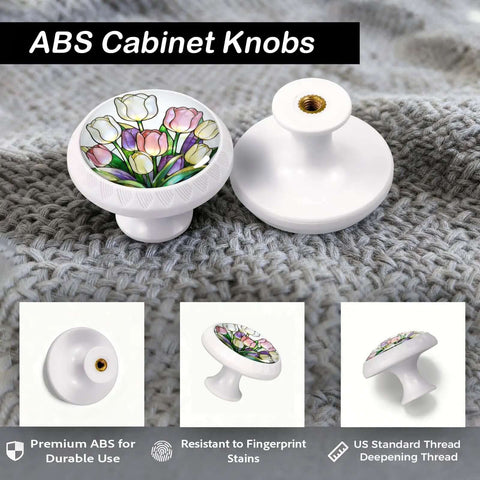 Colorful Tulip Cabinet Knobs 4 Pack For Kitchen And Bathroom In Stained Glass Style with tulip design on gray fabric