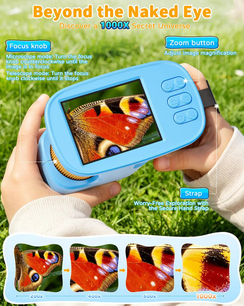 Kid Friendly Handheld Microscope With 4K Live View, 2.4 Inch IPS Screen, 1000x Magnification, Built In Camera, 12 Prepared Slides, STEM Educational Toy for Learning and Exploration, Perfect Gift for Ages 3 to 12, blue handheld device showing butterfly wing close-up