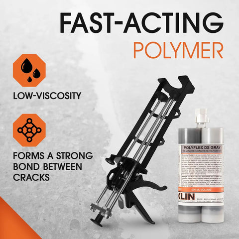 Polyflex DS Asphalt Crack Sealer Kit with Gun, 21 oz cartridge displayed, features low-viscosity for concrete crack repair