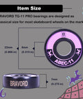 Front view of BRAVORD TG-11 PRO skateboard bearings, black ceramic with purple ring; pack of 8.