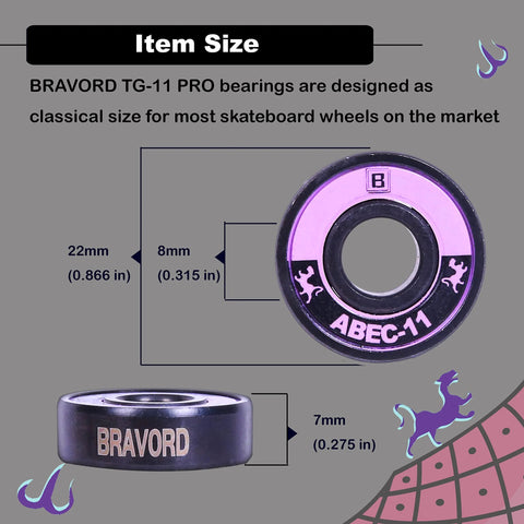 Front view of BRAVORD TG-11 PRO skateboard bearings, black ceramic with purple ring; pack of 8.
