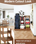 Modern wooden Double Golf Bag Storage Rack For Two Full-Size Bags with shoe shelves, ball holder, and drawer in a living room.