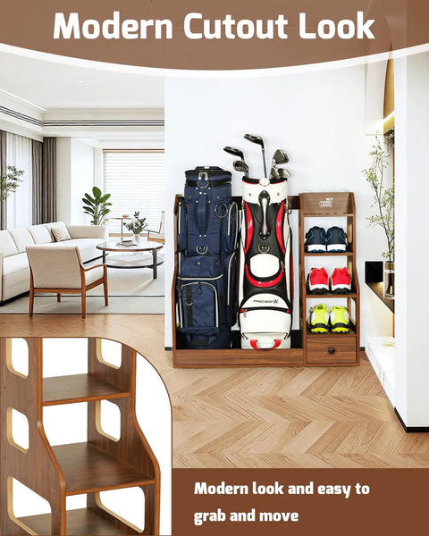Modern wooden Double Golf Bag Storage Rack For Two Full-Size Bags with shoe shelves, ball holder, and drawer in a living room.