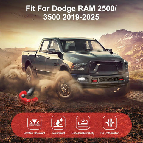 Dodge RAM Tow Hitch Covers 2019 to 2026 Thickened Upgrade 2 Pack Red For 2500 3500 Exterior Accessories in rugged terrain.