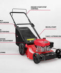 2-In-1 Push Lawn Mower With 144cc OHV Engine For Mulching And Bagging, Lightweight With High Wheels, Easy Assembly, 6 Cutting Heights, Powerful Yet Easy To Maneuver For Small To Medium Yards, Mow Like A Boss. Red steel push mower with grass bag