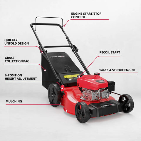 2-In-1 Push Lawn Mower With 144cc OHV Engine For Mulching And Bagging, Lightweight With High Wheels, Easy Assembly, 6 Cutting Heights, Powerful Yet Easy To Maneuver For Small To Medium Yards, Mow Like A Boss. Red steel push mower with grass bag
