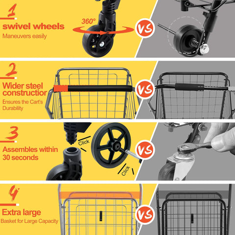 Foldable Grocery Cart On Wheels Lightweight Yet Heavy Duty Shopping Cart With Rolling Swivel Wheels Easy Fold Design details