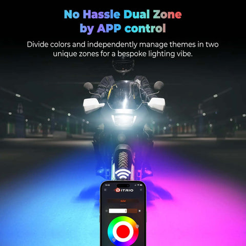 Lit Underglow LED Kit With Brake And Turn Signals For Motorcycles, RGB Lights showing dual zone lighting via DITRIO app control