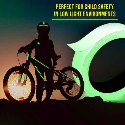 Cyclist with glowing tape and Glow In The Dark Tape That Lights Up Your Night All Night Long 15 Ft Long Rechargeable Reflective Glow Tape in background