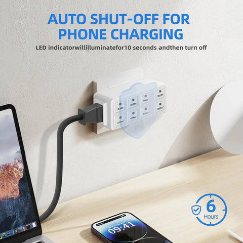 Slick Indoor Countdown Timer Outlet For Lights And Home Electronics 15 Amp Grounded Wall Plug showcasing phone charging function.