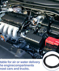 Image of an auto engine showing the Beefy Silicone Vacuum Hose For Automotive Vacuum Lines, 16.4 Ft Long, black flexible tubing installed.