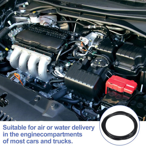 Image of an auto engine showing the Beefy Silicone Vacuum Hose For Automotive Vacuum Lines, 16.4 Ft Long, black flexible tubing installed.