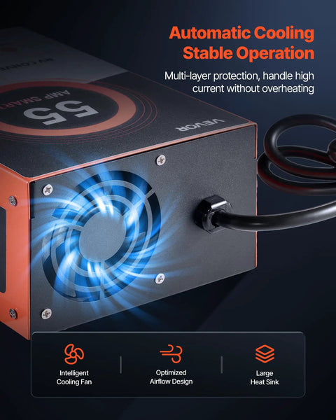Rock Solid Rv Power Converter And Battery Charger 55 Amp 120V Ac To 12V Dc showing automatic cooling fan and heat sink.