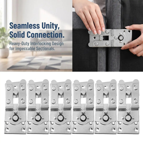 Heavy Duty Sectional Couch Connectors 6 Pack, Metal Lock Clips secure two sofa sections, interlocking design visible in silver.